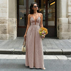 Damen Maxi-Kleid mit tiefem V-Ausschnitt und raffiniertem Streifenmuster R&B