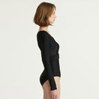 Damen Eleganter High-Cut Langarm-Badeanzug mit femininem V-Ausschnitt und Taillengurt R&B