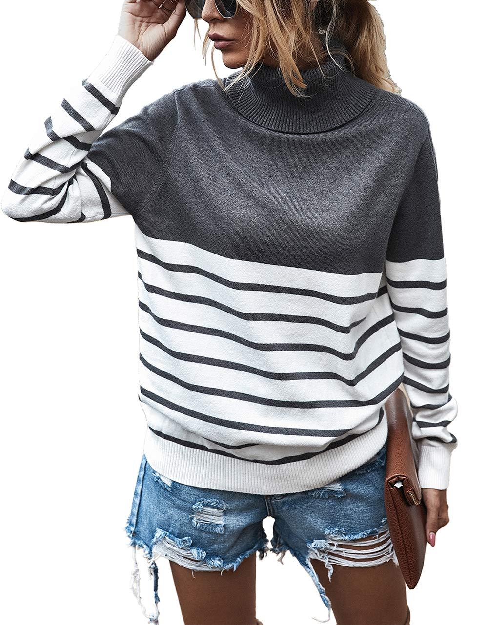 Damen Strickpullover mit einem modernen Hochkragen und breitem Streifenmuster R&B