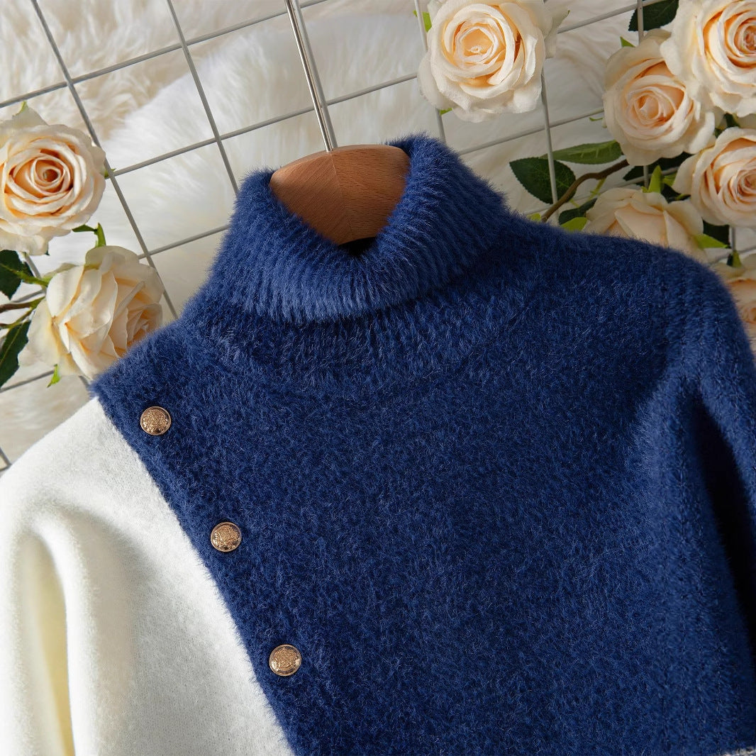Damen Schicker Pullover mit hohem Kragen und eleganten Knöpfen R&B