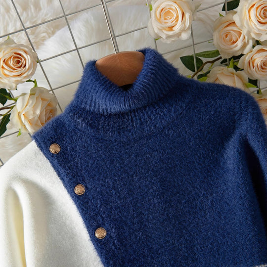 Damen Schicker Pullover mit hohem Kragen und eleganten Knöpfen R&B