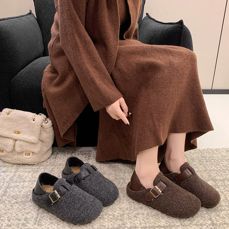 Damen gemütliche Filzpantoletten mit eleganter Schnallenverzierung R&B