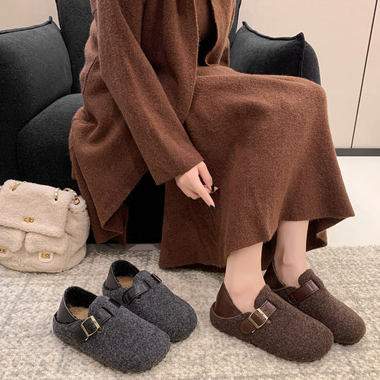 Damen gemütliche Filzpantoletten mit eleganter Schnallenverzierung R&B
