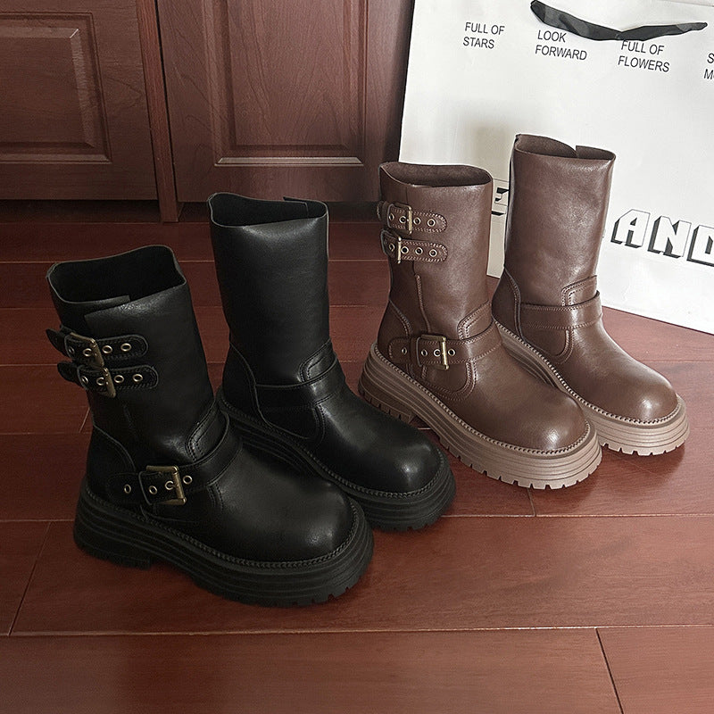 Damen Robuste Schnürstiefel mit dekorativen Schnallen und stabiler Sohle R&B