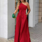 Damen Eleganter Jumpsuit mit asymmetrischem Ausschnitt und Taillengürtel R&B