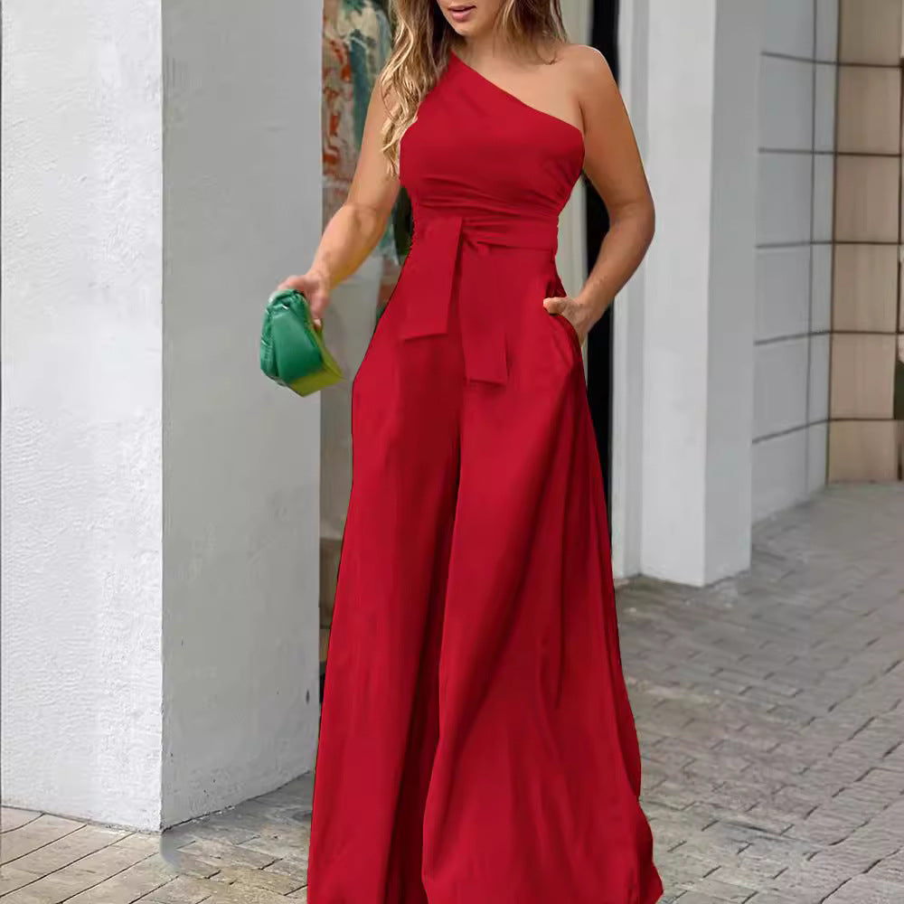 Damen Eleganter Jumpsuit mit asymmetrischem Ausschnitt und Taillengürtel R&B