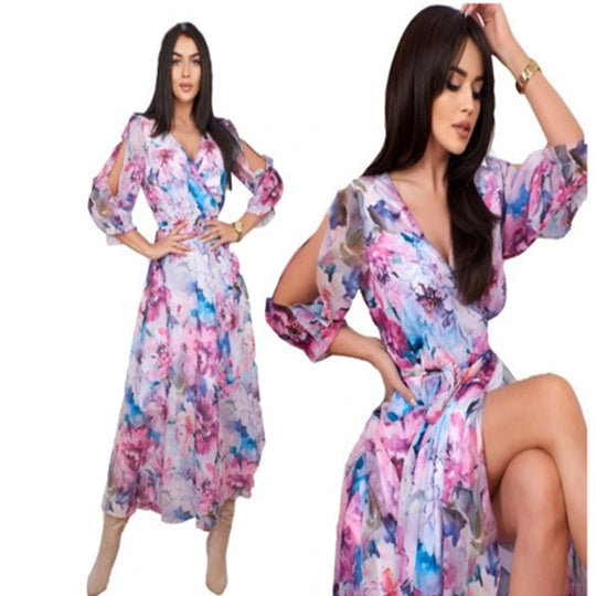 Damen Maxikleid mit schulterfreien Ärmeln und floralem Design R&B