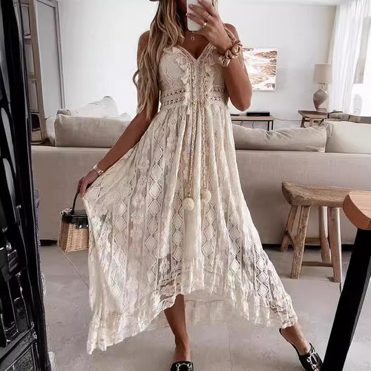 Damen Boho-Maxikleid mit Spitzenakzenten und dekorativen Quasten R&B