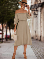 Damen Off-Shoulder Maxikleid mit elastischem Tailleneinsatz und Rüschendetails R&B