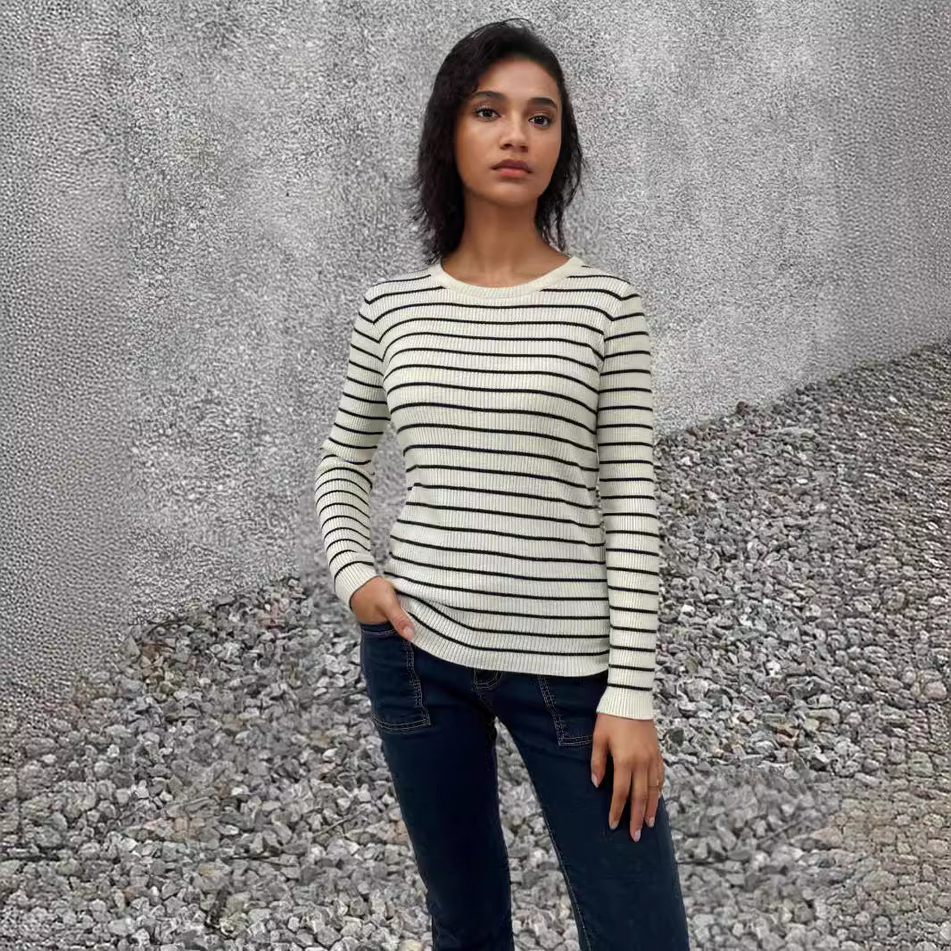 Damen Langärmliger Pullover mit modernem Streifenmuster und bequemem Schnitt R&B