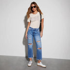 Damen High-Waist Jeans mit ausgefranstem Saum und Rissdetails