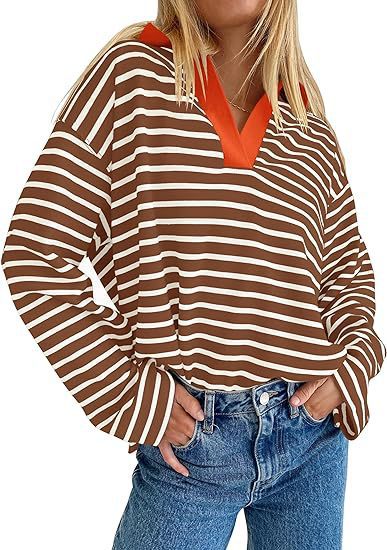 Damen Lässiges gestreiftes Sweatshirt mit V-Ausschnitt und langen Ärmeln R&B