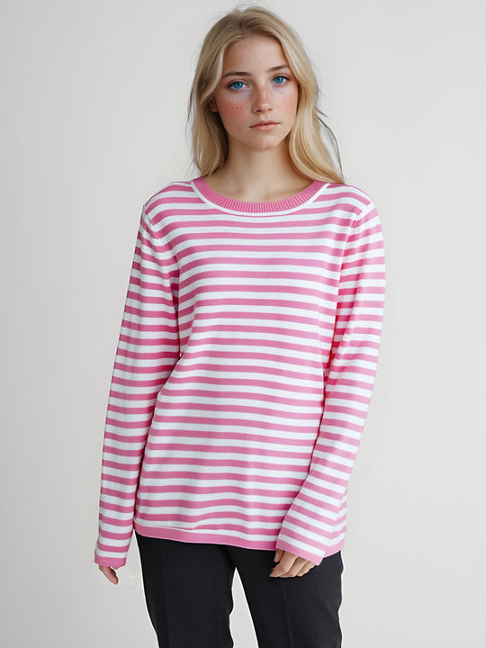 Damen gestreifter Langarmpullover mit Rundhalsausschnitt und lässigem Schnitt R&B