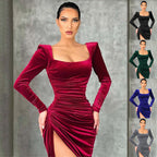 Damen elegantes Raffungskleid mit tiefem Schlitz und Puffärmeln R&B