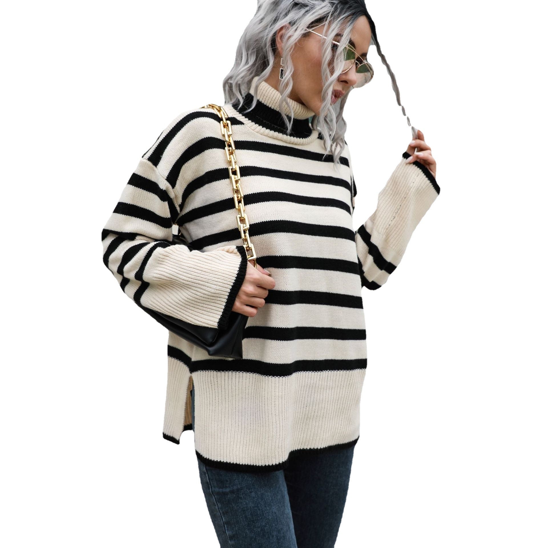 Damen Strickpullover mit hohen Bündchen und lässigem Streifenmuster R&B