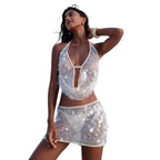 Damen LED Glitzer-Mesh-Top und Shorts Set R&B