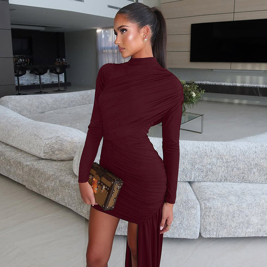 Damen Skulpturales Mini-Kleid mit asymmetrischem Rock und elegantem Stehkragen R&B