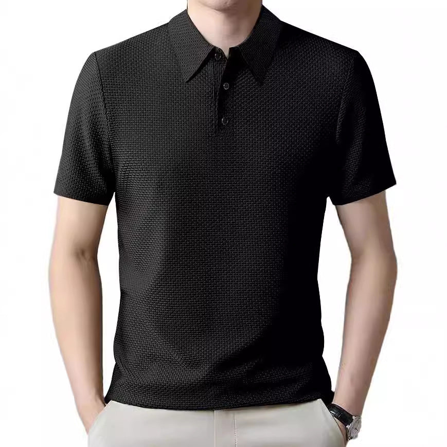 Herren nan strukturiertes Kurzarm-Polo mit spitzem Hemdkragen und Dreiknopfblende R&B