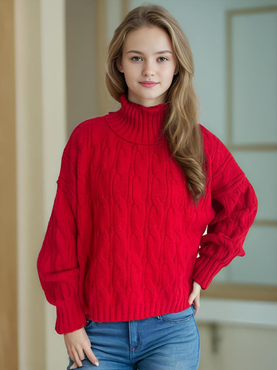 Damen Strickpullover mit hohem Kragen und strukturierter Zopfoptik R&B