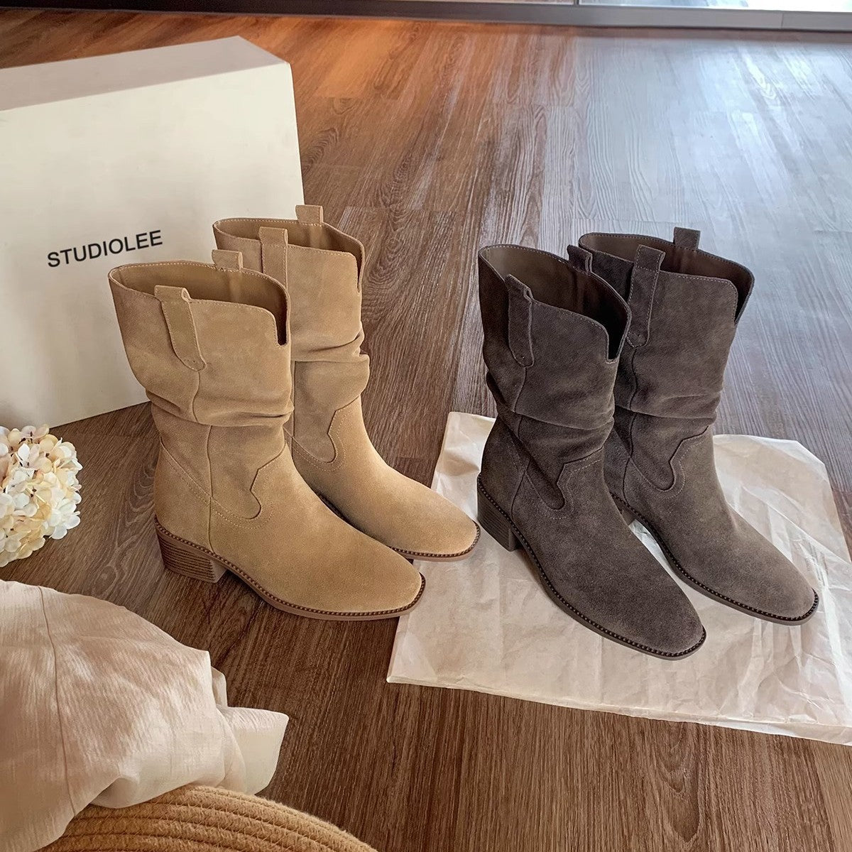 Damen Stiefeletten im modischen Western-Stil mit elegantem Falten-Design