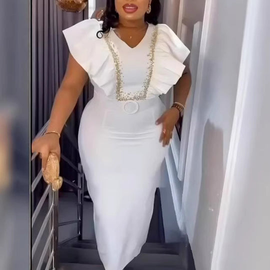 Damen Elegantes Maxikleid mit dekorativen Rüschen und schimmerndem Gürtel R&B