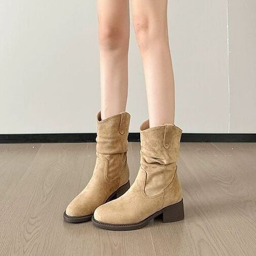 Damen Stiefeletten mit lässigem Falten-Design und komfortablem Blockabsatz