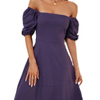 Damen Off-Shoulder Kleid mit Puffärmeln und schwingendem Rock R&B