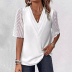 Damen nan elegantes Chiffon-Oberteil mit plissierter V-Passe und transparenten Zickzackärmeln R&B
