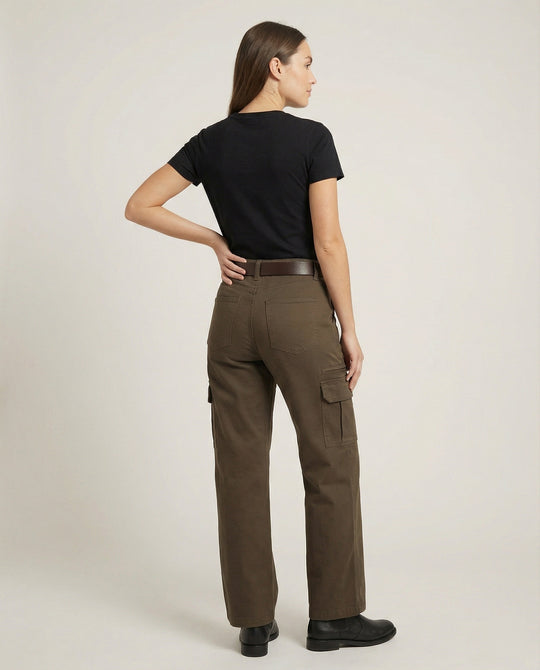 Damen hochgeschnittene Cargohose mit weitem Bein, mehrlagigen Kniepaneelen und verstellbaren Beinlaschen R&B