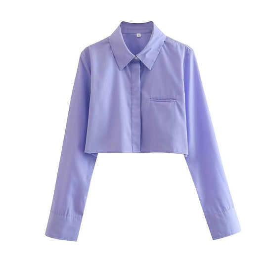 Damen cropped Bluse mit klassischem Kragen und praktischen Brusttaschen R&B