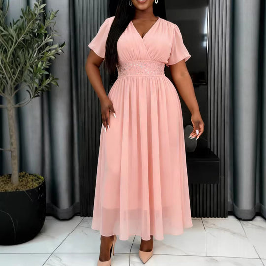 Damen Elegant Fließendes Maxikleid mit V-Ausschnitt und Taillierung R&B