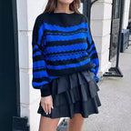 Damen gemütlicher Strickpullover mit modernem Zopfmuster und grafischen Akzenten R&B