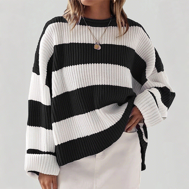 Damen gestreifter Strickpullover mit weitem Schnitt R&B