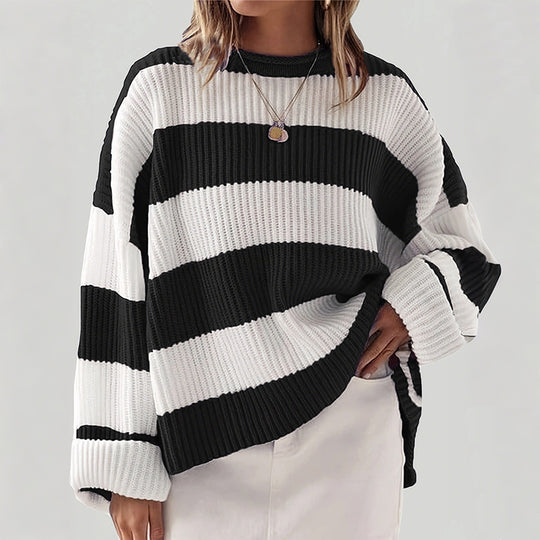 Damen gestreifter Strickpullover mit weitem Schnitt R&B