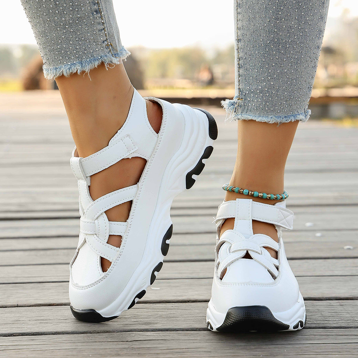 Damen Sportliche Sneaker-Sandalen mit elastischen Riemen und rutschfester Sohle R&B