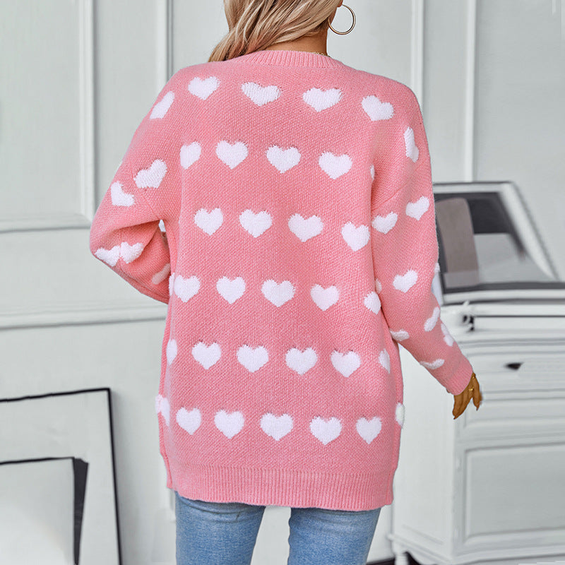 Damen gemütliche Strickjacke mit Herzmuster und V-Ausschnitt R&B