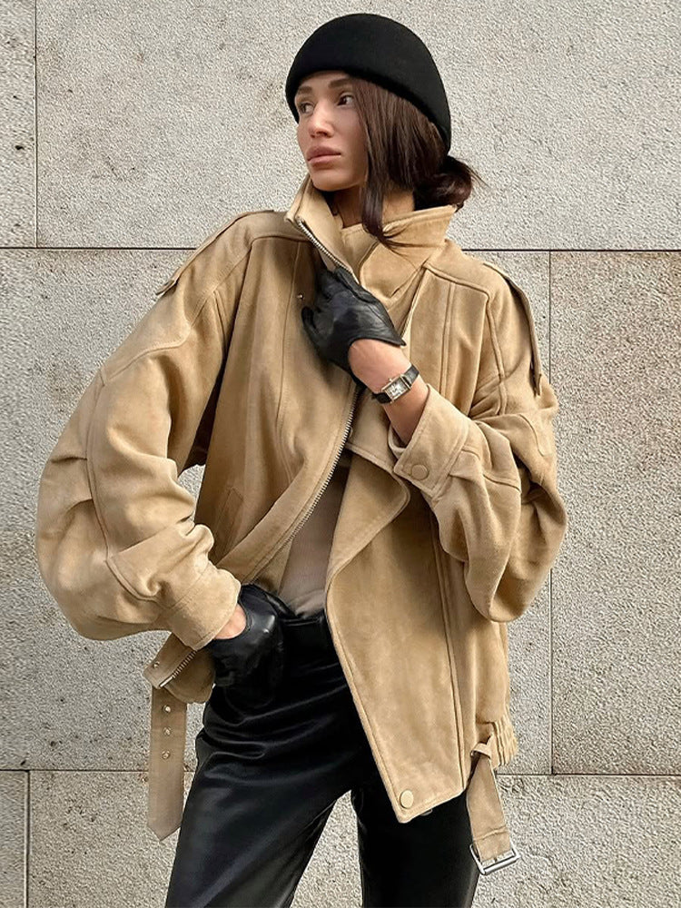 Damen Oversized Wildlederjacke mit asymmetrischem Schnitt und modischen Details R&B