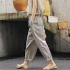 Damen lässige Leinenhose mit elastischem Bund und seitlichen Taschen R&B