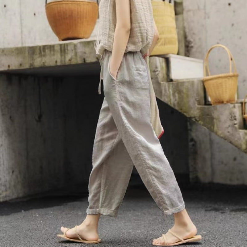Damen lässige Leinenhose mit elastischem Bund und seitlichen Taschen R&B