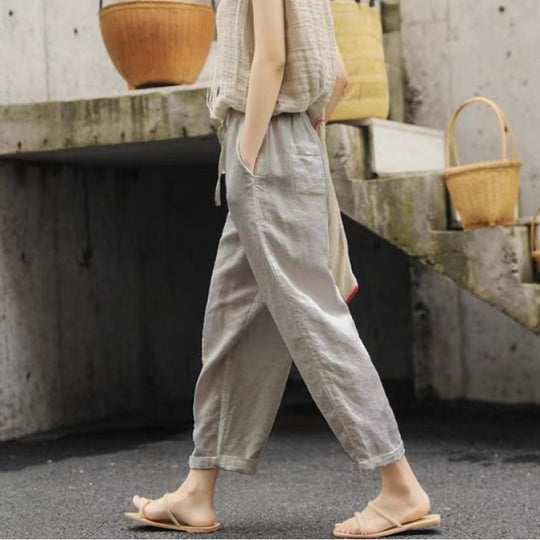 Damen lässige Leinenhose mit elastischem Bund und seitlichen Taschen R&B