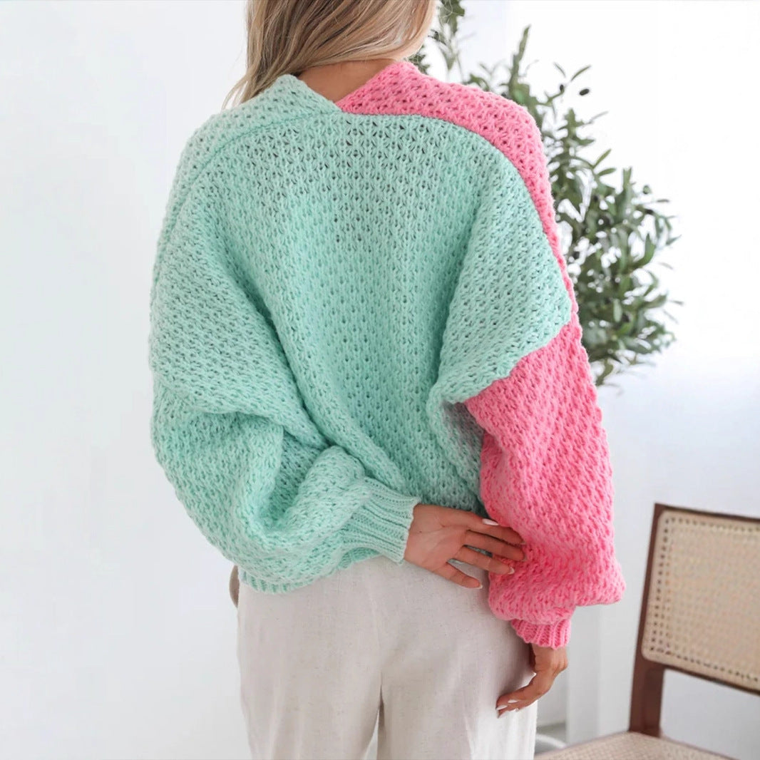 Damen kuschelige Strickjacke mit oversized Ärmeln und Farbkombination R&B
