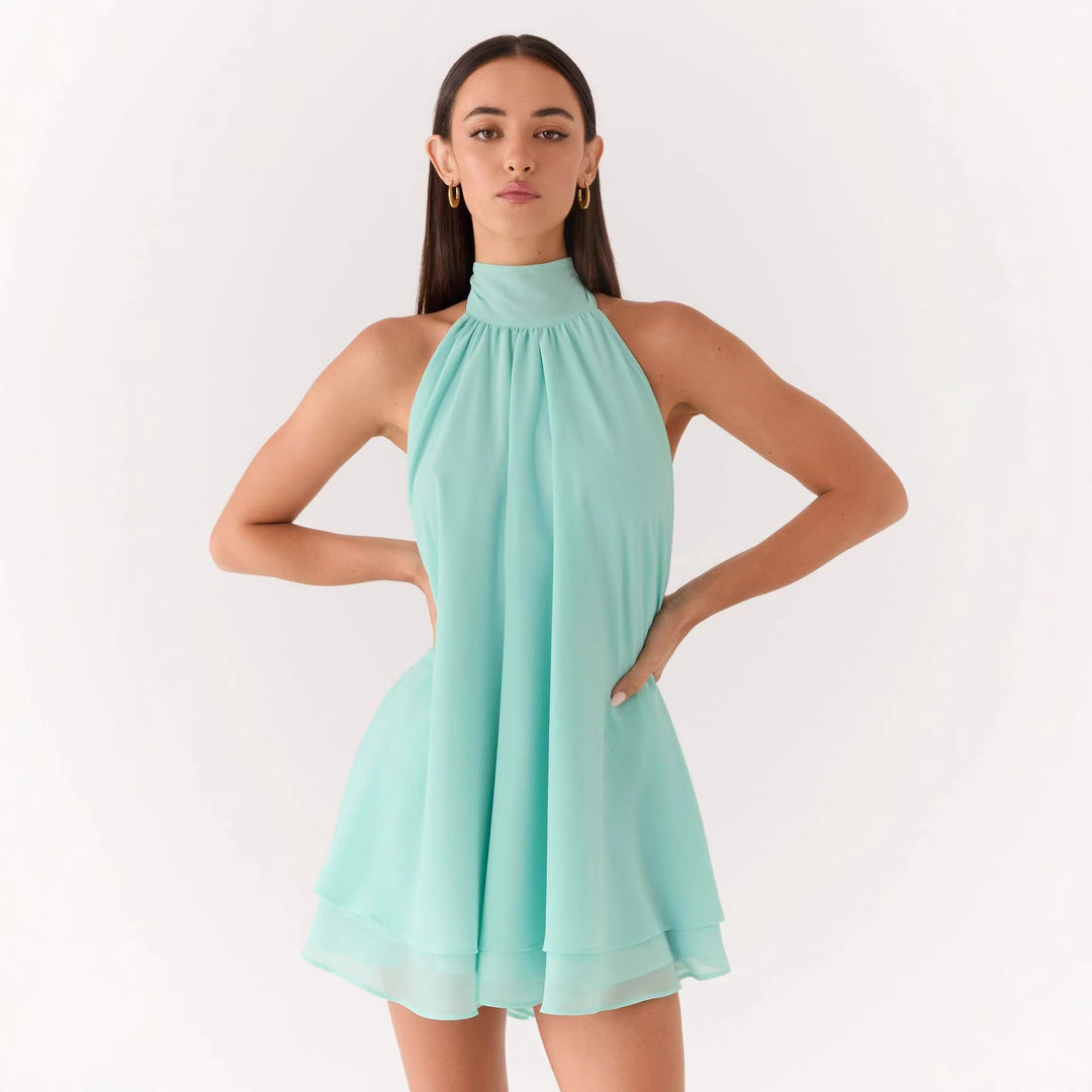 Damen elegantes Hochgeschlossenes Minikleid mit fließendem Stoff und verspieltem Volant R&B