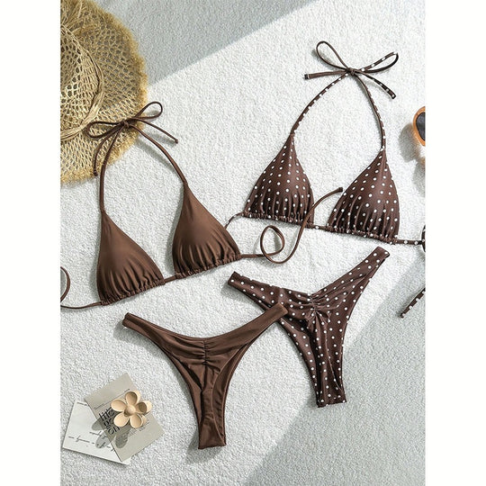 Damen Triangel-Bikini-Set mit modischem Punkte-Design und verstellbaren Bändern R&B