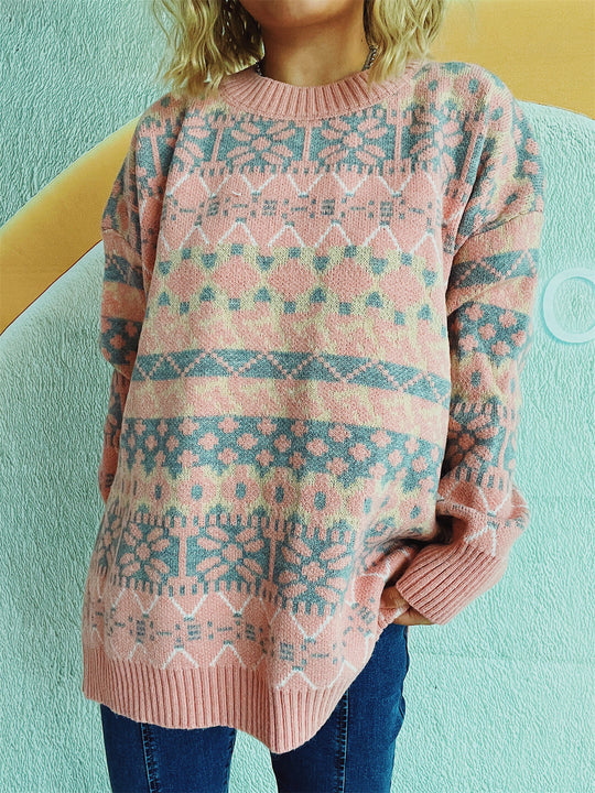 Damen gemütlicher Strickpullover mit winterlichem Muster und lässigem Schnitt R&B