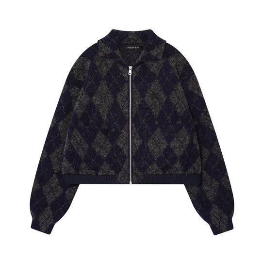 Damen modische Karojacke mit hohem Kragen und Reißverschluss R&B