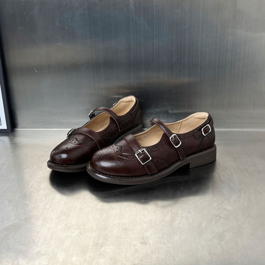 Damen elegante Ballerinas mit doppeltem Riemenverschluss und dekorativem Lochmuster R&B