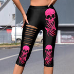 Damen Leggings mit auffälligem Totenkopf-Print und modischen Cut-Outs