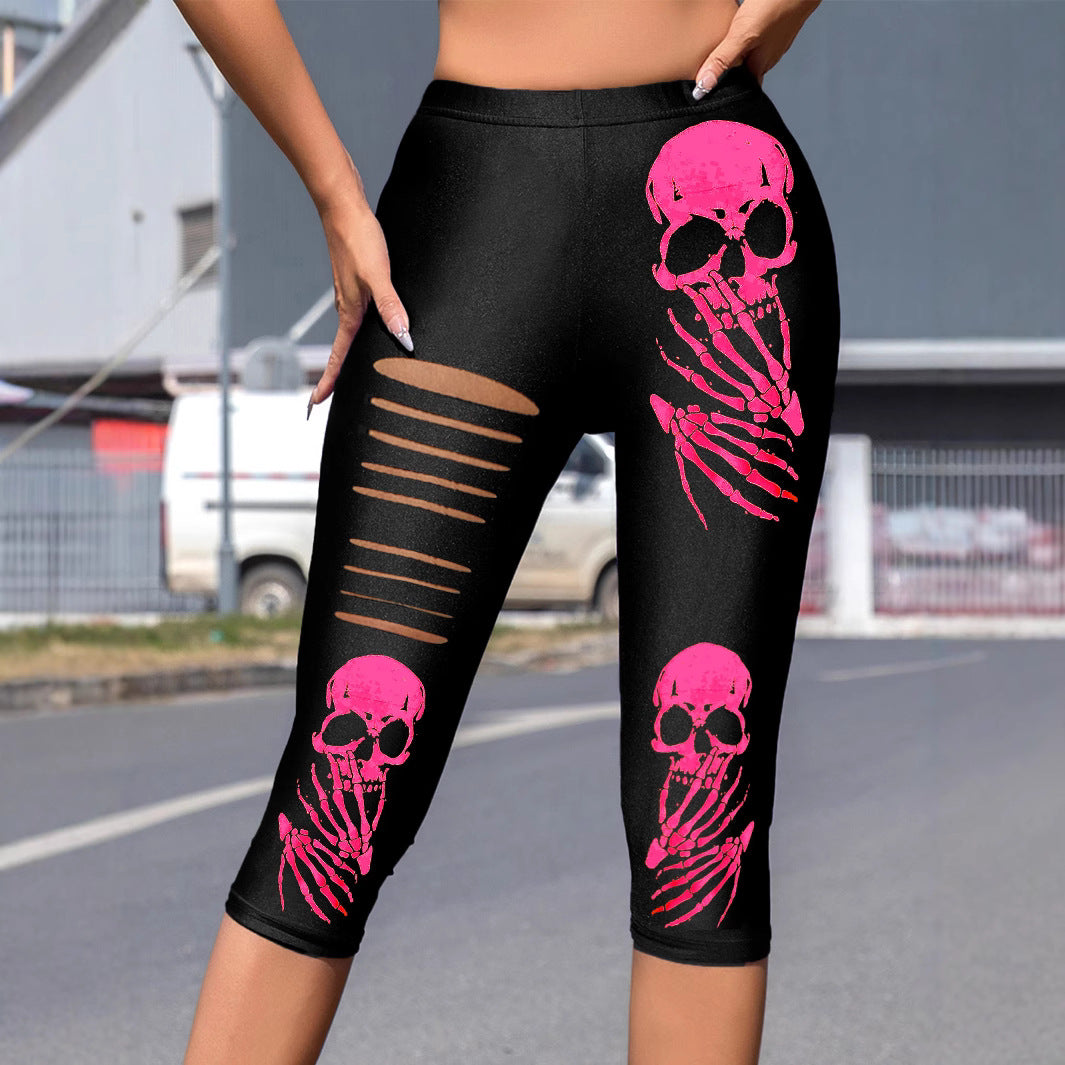 Damen Leggings mit auffälligem Totenkopf-Print und modischen Cut-Outs