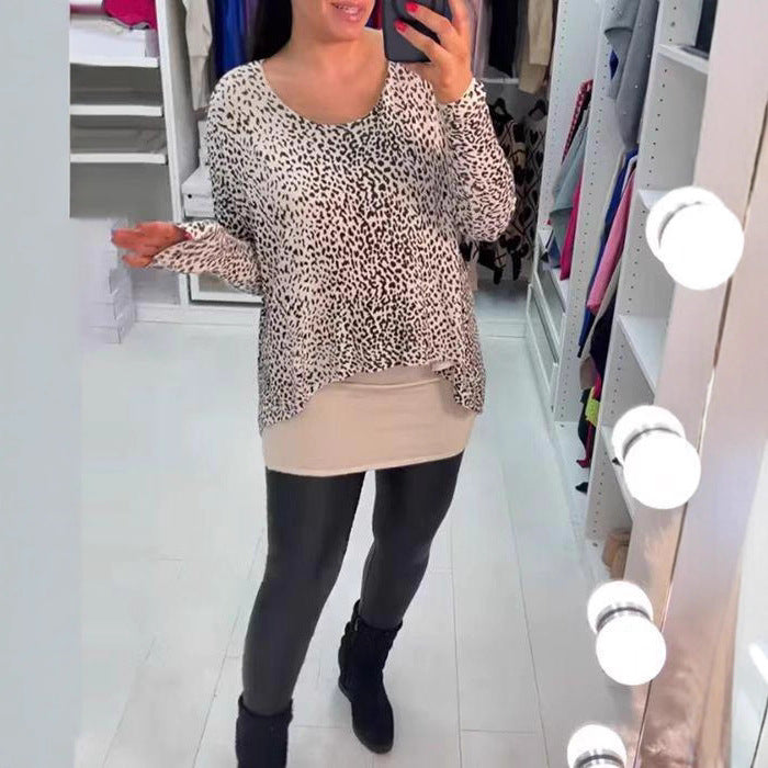 Damen nan weit geschnittenes Tunika-Longsleeve mit Leomuster, abgerundetem Saum und Lagenoptik R&B