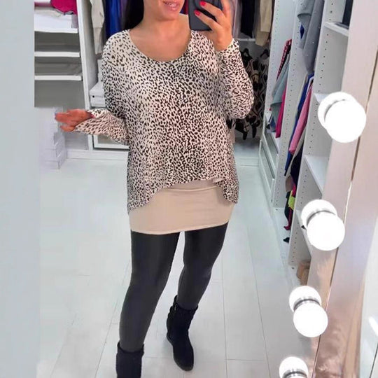 Damen nan weit geschnittenes Tunika-Longsleeve mit Leomuster, abgerundetem Saum und Lagenoptik R&B